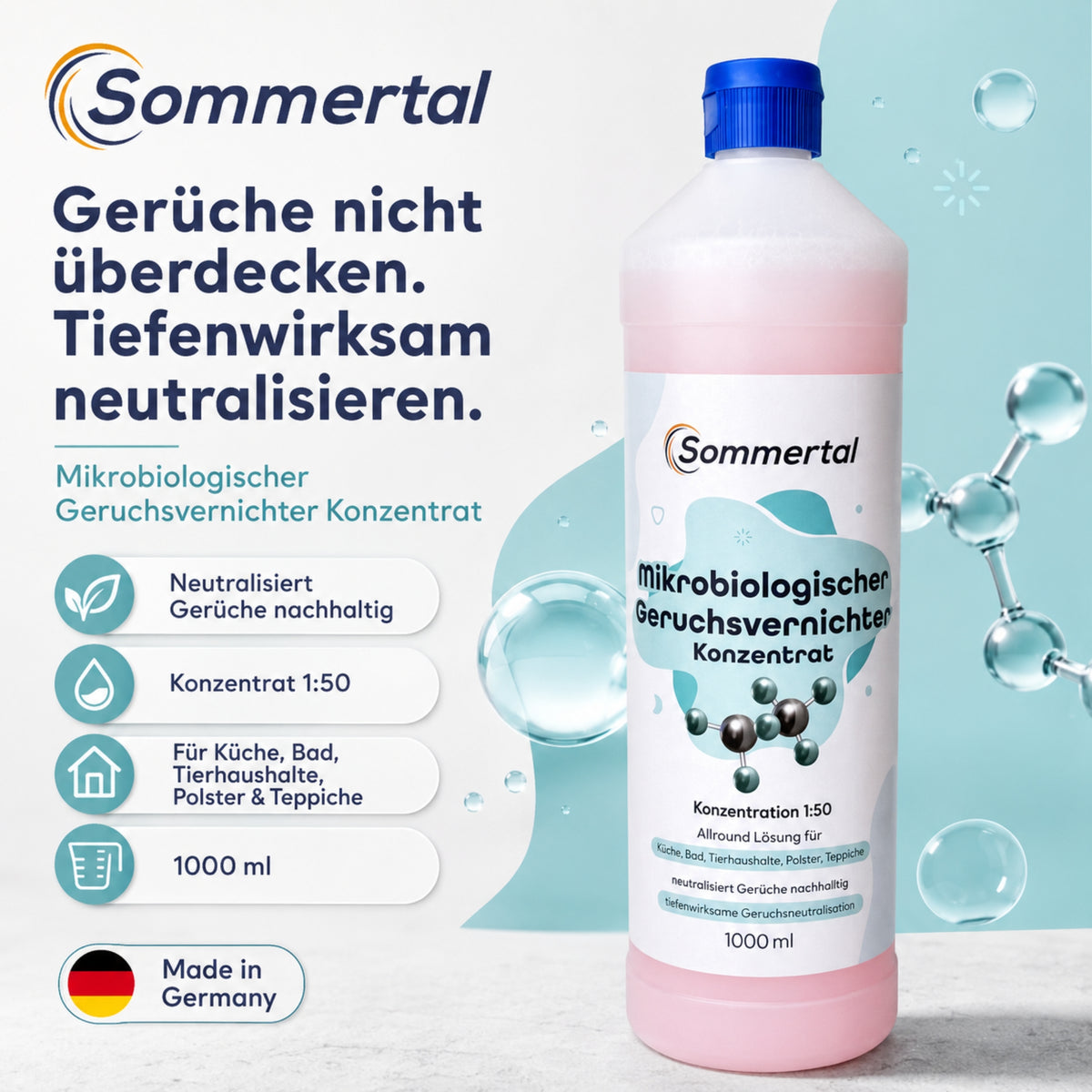 Sommertal Mikrobiologischer Geruchsvernichter Konzentrat 4L – 1:50 für Tiergerüche, Küche, Bad, Sanitär, Polster & Teppiche