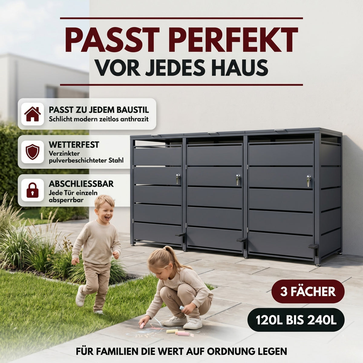 Mülltonnenbox 3er mit Pedal, 120L bis 240L, für Drei Tonnen, Metallverkleidung aus verzinktem Stahl, Anthrazit Grau RAL7016, abschließbar, wetterfest, ISO9227, mit Aufkleber Set