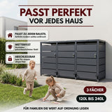 Mülltonnenbox 3er mit Pedal, 120L bis 240L, für Drei Tonnen, Metallverkleidung aus verzinktem Stahl, Anthrazit Grau RAL7016, abschließbar, wetterfest, ISO9227, mit Aufkleber Set