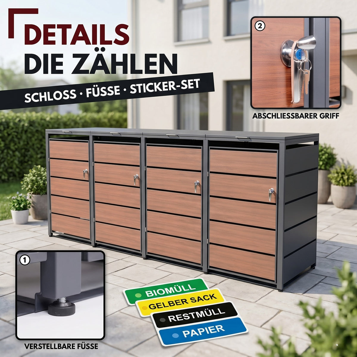 Mülltonnenbox 4er Holzdekor, 120L bis 240L, für Vier Tonnen, Mülltonnenverkleidung aus verzinktem Metall mit Holzdekor-Front, Anthrazit Grau RAL7016, abschließbar, wetterfest, geprüft nach ISO9227, mit Aufkleber Set