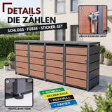 Mülltonnenbox 4er Holzdekor, 120L bis 240L, für Vier Tonnen, Mülltonnenverkleidung aus verzinktem Metall mit Holzdekor-Front, Anthrazit Grau RAL7016, abschließbar, wetterfest, geprüft nach ISO9227, mit Aufkleber Set