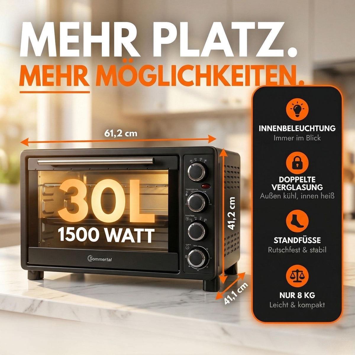Minibackofen 30 Liter mit Drehspieß & Umluft, 1500W, 100–230°C, 60 Min. Timer, Hähnchengrill Mini Backofen, Kleiner Backofen zum Backen, Grillen & Pizza, Campingbackofen inkl. Zubehör