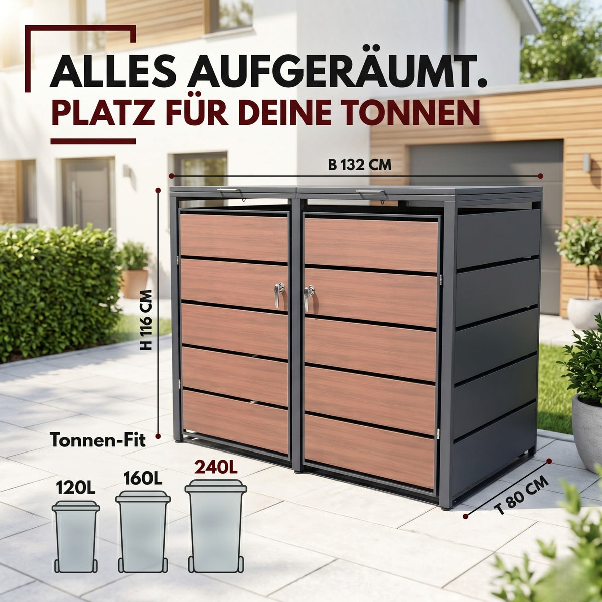 Mülltonnenbox 2er Holzdekor, 120L bis 240L, für Zwei Tonnen, Mülltonnenverkleidung aus verzinktem Metall mit Holzoptik, abschließbar, wetterfest, geprüft nach ISO9227, mit Aufkleber Set