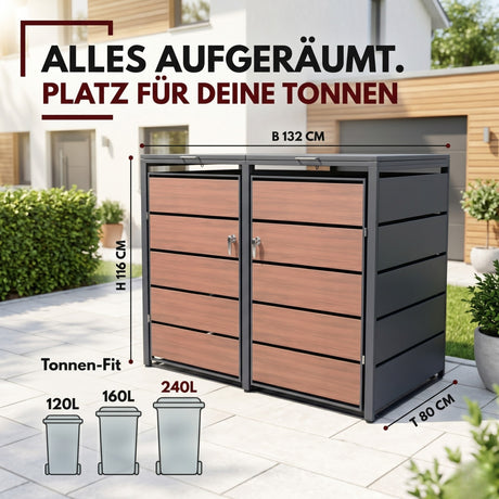 Mülltonnenbox 2er Holzdekor, 120L bis 240L, für Zwei Tonnen, Mülltonnenverkleidung aus verzinktem Metall mit Holzoptik, abschließbar, wetterfest, geprüft nach ISO9227, mit Aufkleber Set