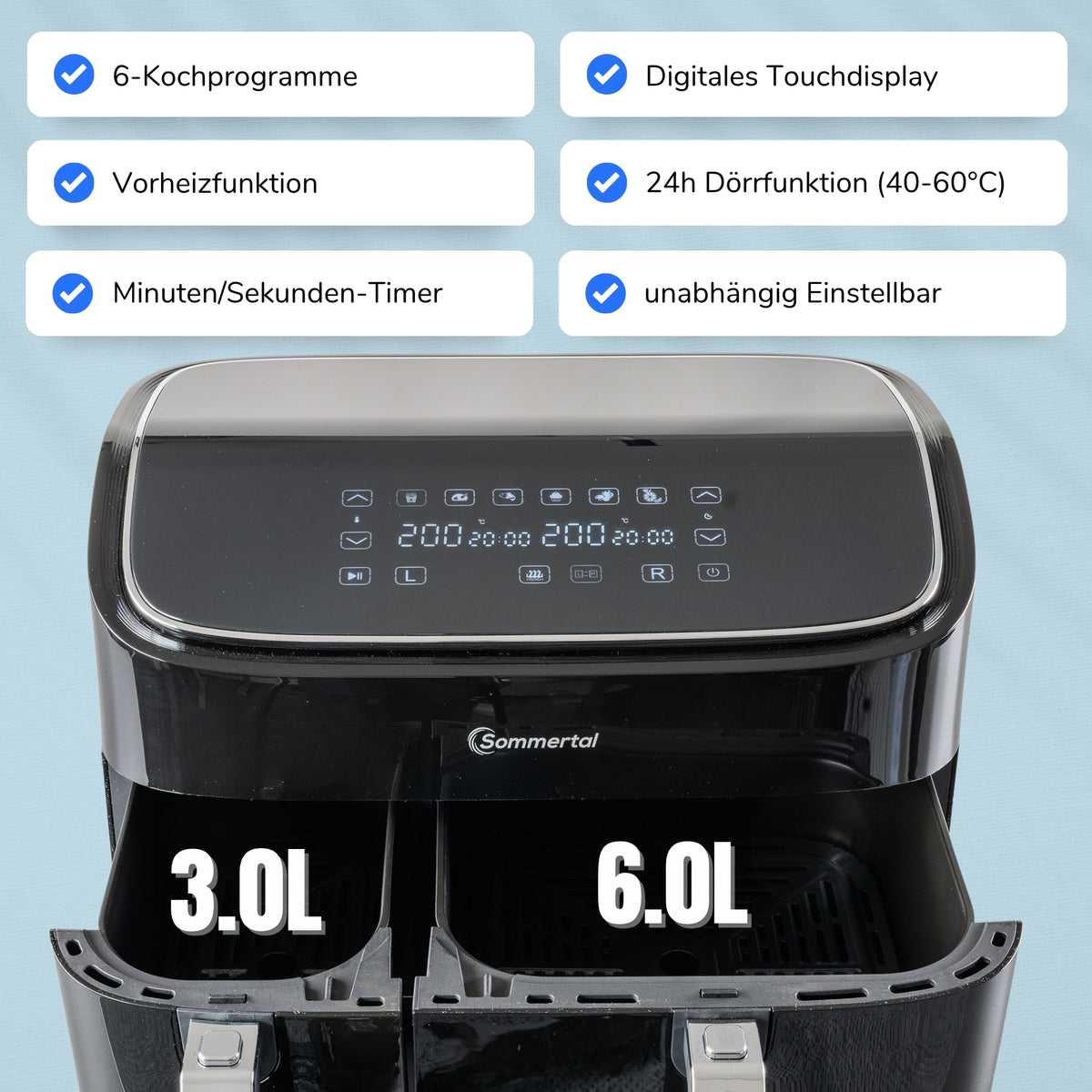Sommertal Heißluftfritteuse HF DUAL 900 mit Doppelkammer | 9 Liter XXL Airfryer & Dörrgerät | 2850W