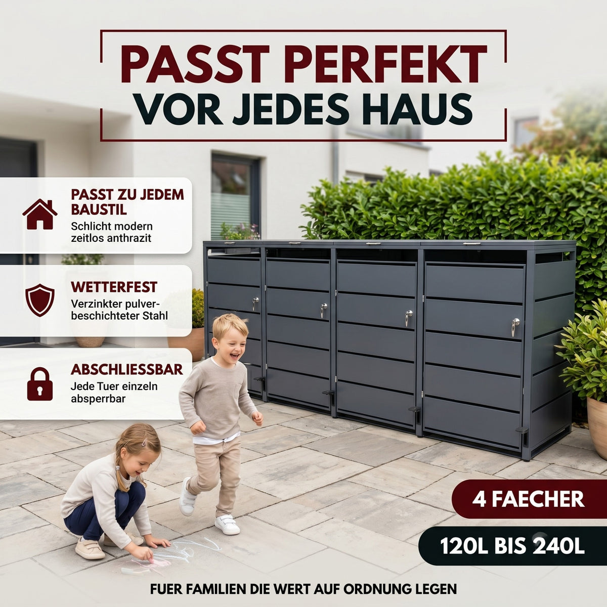 Mülltonnenbox 4er mit Pedal, 120L bis 240L, für Vier Tonnen, Metallverkleidung aus verzinktem Stahl, Anthrazit Grau RAL7016, abschließbar, wetterfest, ISO9227, mit Aufkleber Set