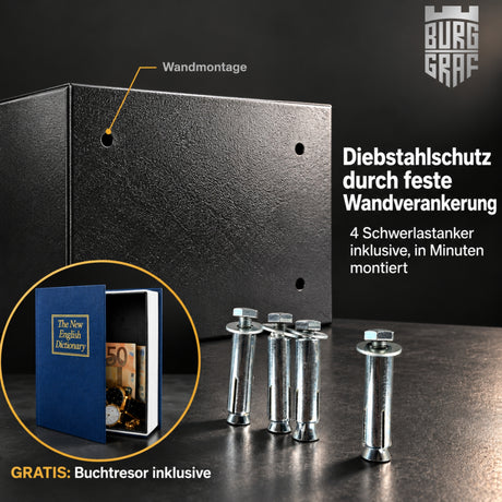 Burggraf Gr. XL Tresor für zuhause, Buch-Safe, Hammerschlag, Möbeltresor 30x38x30cm
