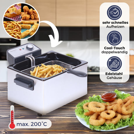 Sommertal XXL Doppel-Fritteuse mit Öl oder Fett – 3 Körbe, 5 Liter, 3000 Watt, Kaltzone, DF3270+ 1L Fettlöser