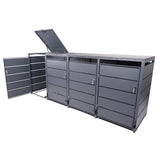 Mülltonnenbox 4er mit Pedal, 120L bis 240L, für Vier Tonnen, Metallverkleidung aus verzinktem Stahl, Anthrazit Grau RAL7016, abschließbar, wetterfest, ISO9227, mit Aufkleber Set