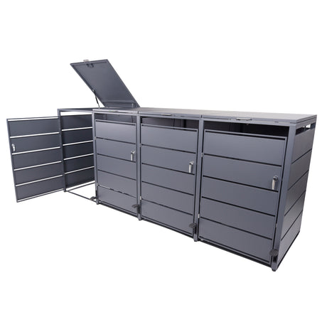 Mülltonnenbox 4er mit Pedal, 120L bis 240L, für Vier Tonnen, Metallverkleidung aus verzinktem Stahl, Anthrazit Grau RAL7016, abschließbar, wetterfest, ISO9227, mit Aufkleber Set