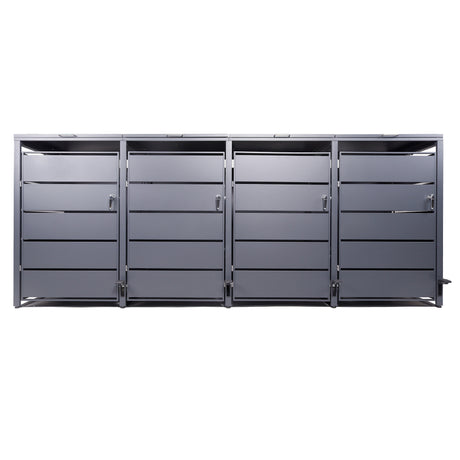 Mülltonnenbox 4er mit Pedal, 120L bis 240L, für Vier Tonnen, Metallverkleidung aus verzinktem Stahl, Anthrazit Grau RAL7016, abschließbar, wetterfest, ISO9227, mit Aufkleber Set