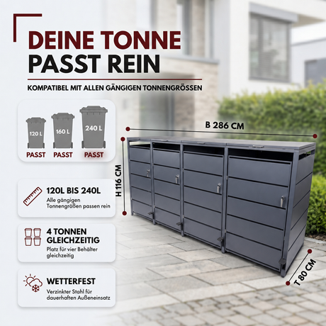 Mülltonnenbox 4er mit Pedal, 120L bis 240L, für Vier Tonnen, Metallverkleidung aus verzinktem Stahl, Anthrazit Grau RAL7016, abschließbar, wetterfest, ISO9227, mit Aufkleber Set