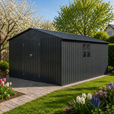 Albatros Gerätehaus 4XL | Anthrazit RAL 7016 | 386,6x325,5x204cm | abschließbar inkl. Schloss & Werkzeughaken | Gartenhaus aus verzinktem wetterfestem Metall