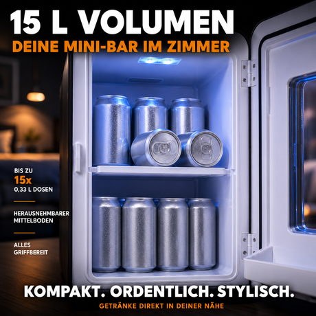 KS15 Mini Kühlschrank, zum kühlen und wärmen, Volumen 15L, AC für Haus Steckdose und DC für Auto 12V Betrieb, Bierkühlschrank lautlos Getränkekühlschrank klein