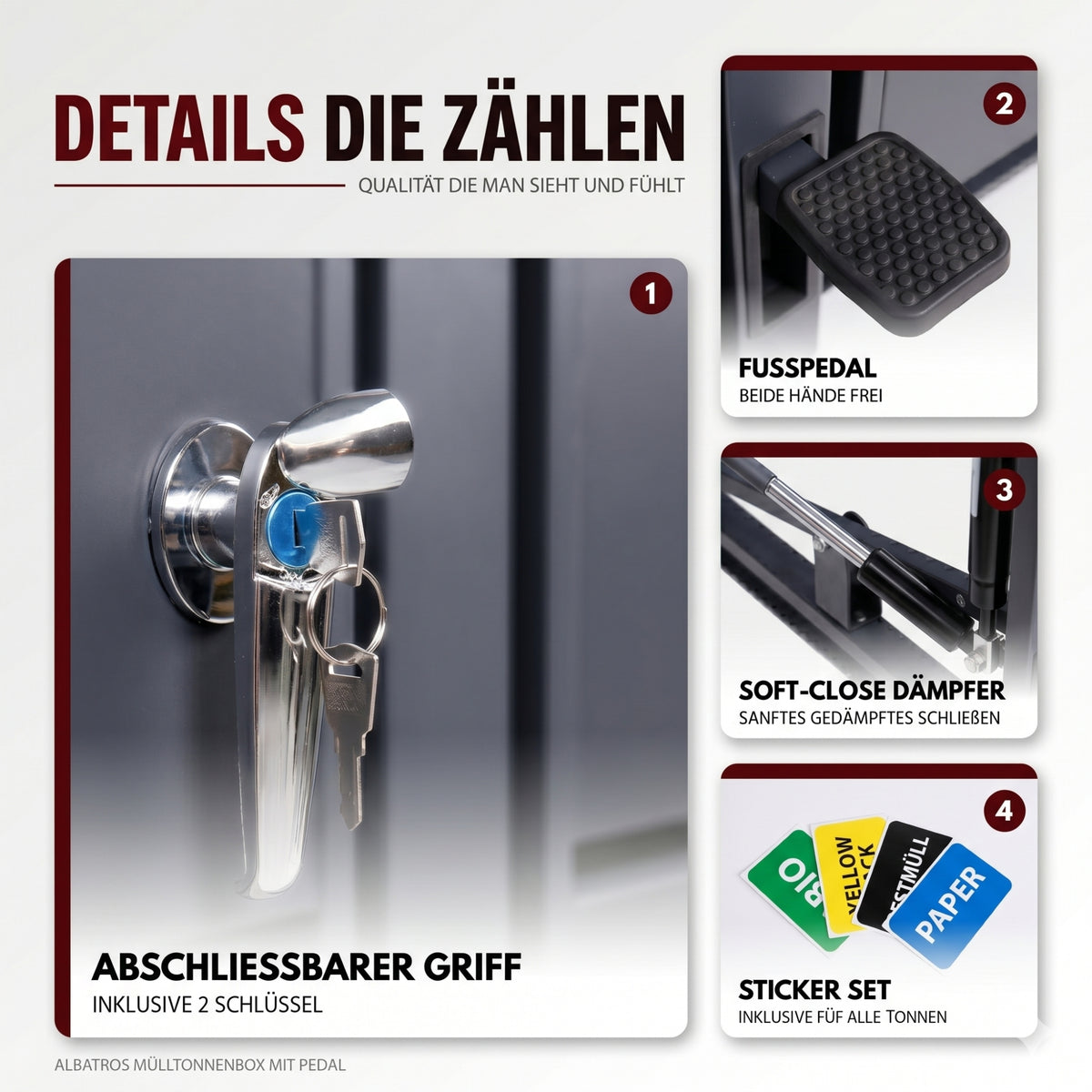 Mülltonnenbox 2er mit Pedal, 120L bis 240L, für Zwei Tonnen, Metallverkleidung aus verzinktem Stahl, Anthrazit Grau RAL7016, abschließbar, wetterfest, ISO9227, mit Aufkleber Set