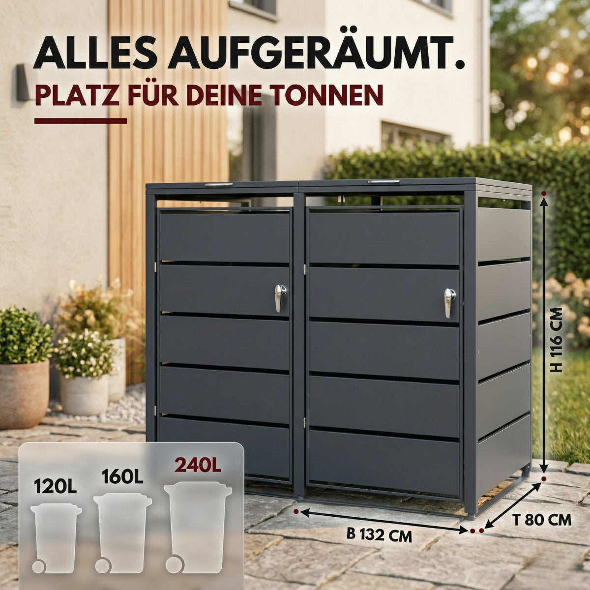 Mülltonnenbox 2er Tonne | bis 240 Liter | Anthrazitgrau RAL 7016 | verzinkter Stahl | Premium Dämpfer| Aufkleber-Set | wetterfest|