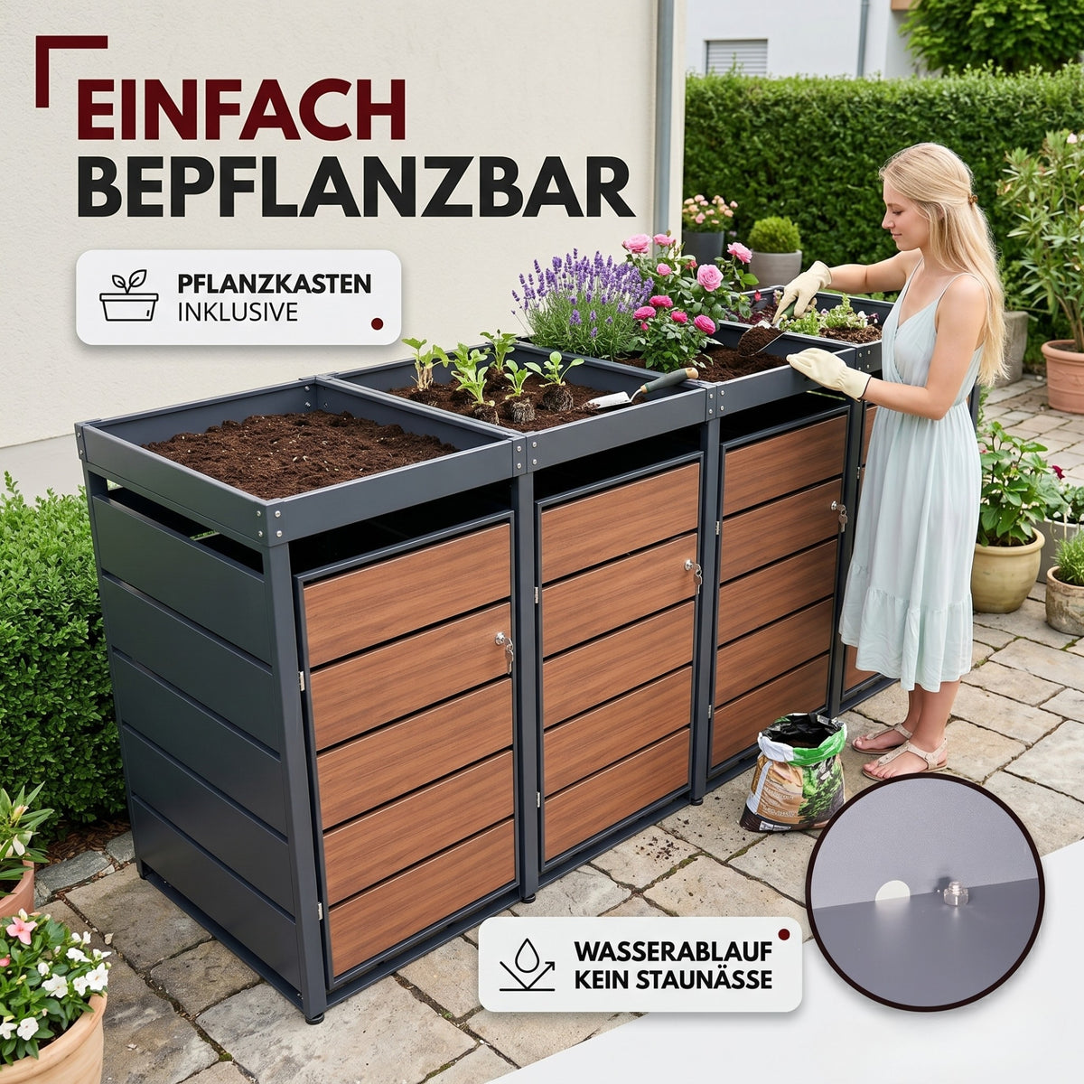Mülltonnenbox 4er Holzdekor mit Pflanzkasten, 120L bis 240L, für Vier Tonnen, Metall, Anthrazit RAL7016, abschließbar, wetterfest, ISO9227, mit Aufkleber Set