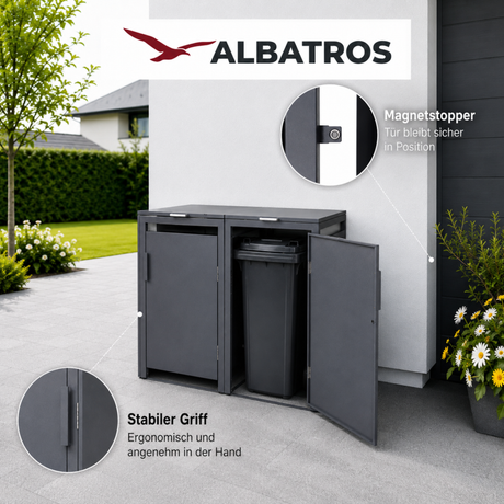 Mülltonnenbox 2er Hauswandversion, 120L bis 240L, für Zwei Tonnen, verzinktes Metall RAL7016 Anthrazit, offene Rückseite, bessere Belüftung, wetterfest, ISO9227, verstellbare Füße