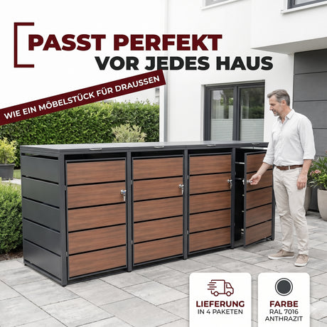 Mülltonnenbox 4er Holzdekor, 120L bis 240L, für Vier Tonnen, Mülltonnenverkleidung aus verzinktem Metall mit Holzdekor-Front, Anthrazit Grau RAL7016, abschließbar, wetterfest, geprüft nach ISO9227, mit Aufkleber Set