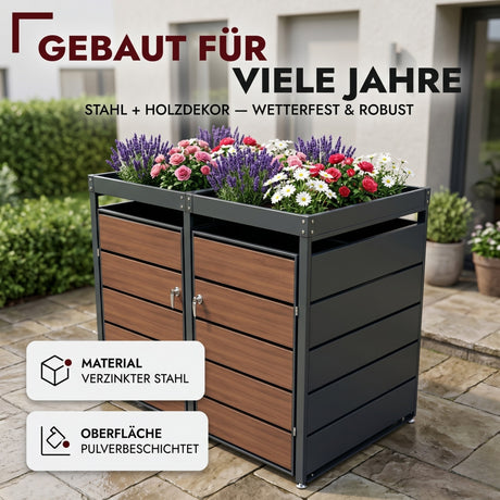 Mülltonnenbox 2er Holzdekor mit Pflanzkasten, 120L bis 240L, für Zwei Tonnen, Metall, Anthrazit Grau RAL7016, abschließbar, wetterfest, geprüft ISO9227, mit Aufkleber Set