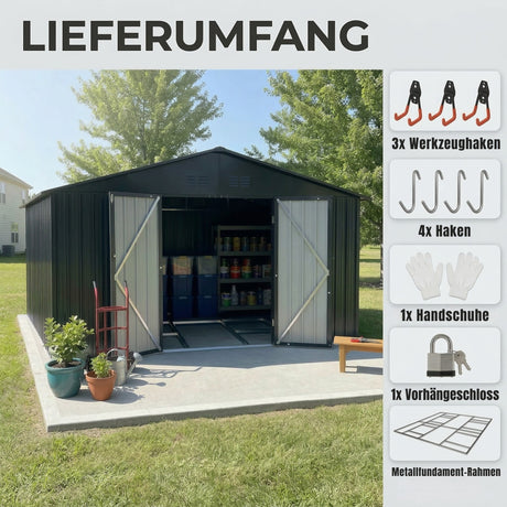 Albatros Gerätehaus 5XL | Anthrazit RAL 7016 | 339,6x375,3x199,6cm | abschließbar inkl. Schloss & Haken | Gartenhaus aus verzinktem wetterfestem Metall | Geräteschuppen für Garten & Geräte