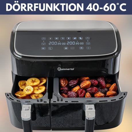 Sommertal Heißluftfritteuse HF DUAL 900 mit Doppelkammer | 9 Liter XXL Airfryer & Dörrgerät | 2850W