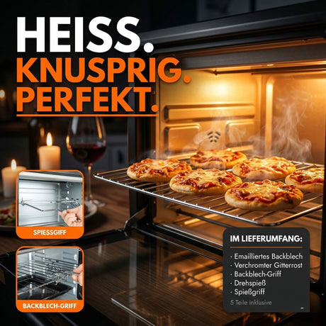 Minibackofen 30 Liter mit Drehspieß & Umluft + 1L Backofenreiniger, 1500W, 100–230°C, 60 Min. Timer, Hähnchengrill Mini Backofen, Kleiner Backofen zum Backen, Grillen & Pizza, Campingbackofen inkl. Zubehör