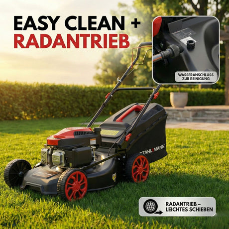 Rasenmäher Benzin mit Antrieb BR460 – 5,4PS (4,0kW) 170ccm mit Antrieb, 46cm Schnittbreite, Mulchen, Schnitthöhenverstellung, Easy Clean Anschluss, Große Räder, 60L Korb