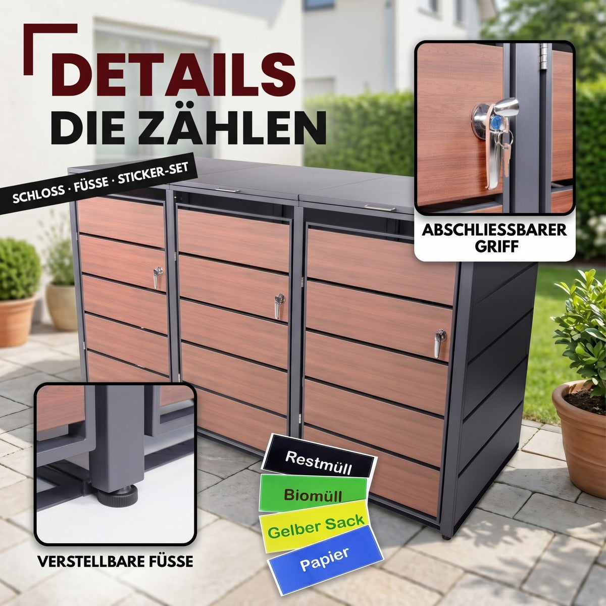 Mülltonnenbox 3er Holzdekor, 120L bis 240L, für Drei Tonnen, Mülltonnenverkleidung aus verzinktem Metall mit Holzdekor-Front, Anthrazit Grau RAL7016, abschließbar, wetterfest, geprüft nach ISO9227, mit Aufkleber Set
