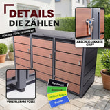 Mülltonnenbox 3er Holzdekor, 120L bis 240L, für Drei Tonnen, Mülltonnenverkleidung aus verzinktem Metall mit Holzdekor-Front, Anthrazit Grau RAL7016, abschließbar, wetterfest, geprüft nach ISO9227, mit Aufkleber Set
