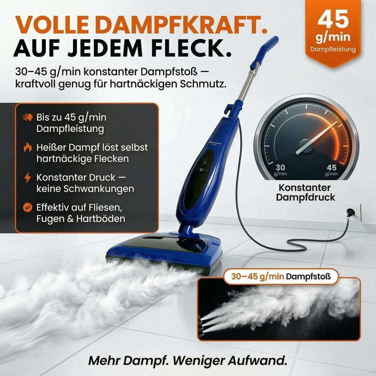 Sommertal Dampfreiniger für Böden 2-in-1 – 1200W, 500ml Tank, 30–45 g/min, Dampfmop & Handdampfreiniger