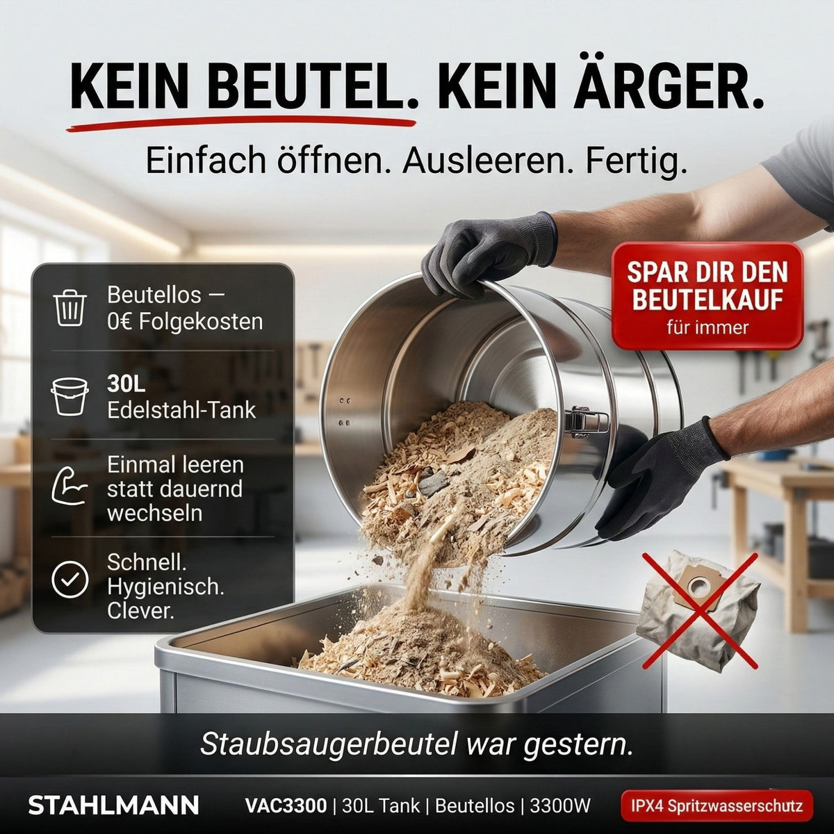 STAHLMANN VAC3300 Industriestaubsauger; 30L Tank, integrierte Steckdose