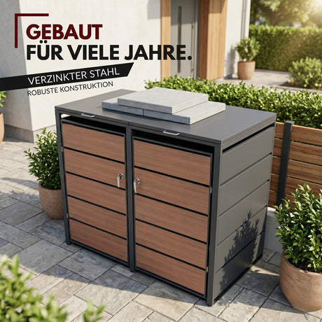 Mülltonnenbox 2er Holzdekor, 120L bis 240L, für Zwei Tonnen, Mülltonnenverkleidung aus verzinktem Metall mit Holzoptik, abschließbar, wetterfest, geprüft nach ISO9227, mit Aufkleber Set