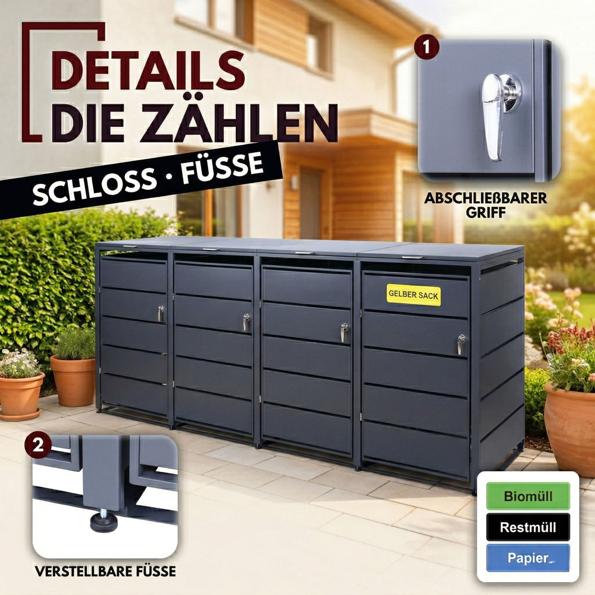 Mülltonnenbox 4er Tonne | bis 240 Liter | Anthrazitgrau RAL 7016 | verzinkter Stahl | Premium Dämpfer| Aufkleber-Set | wetterfest