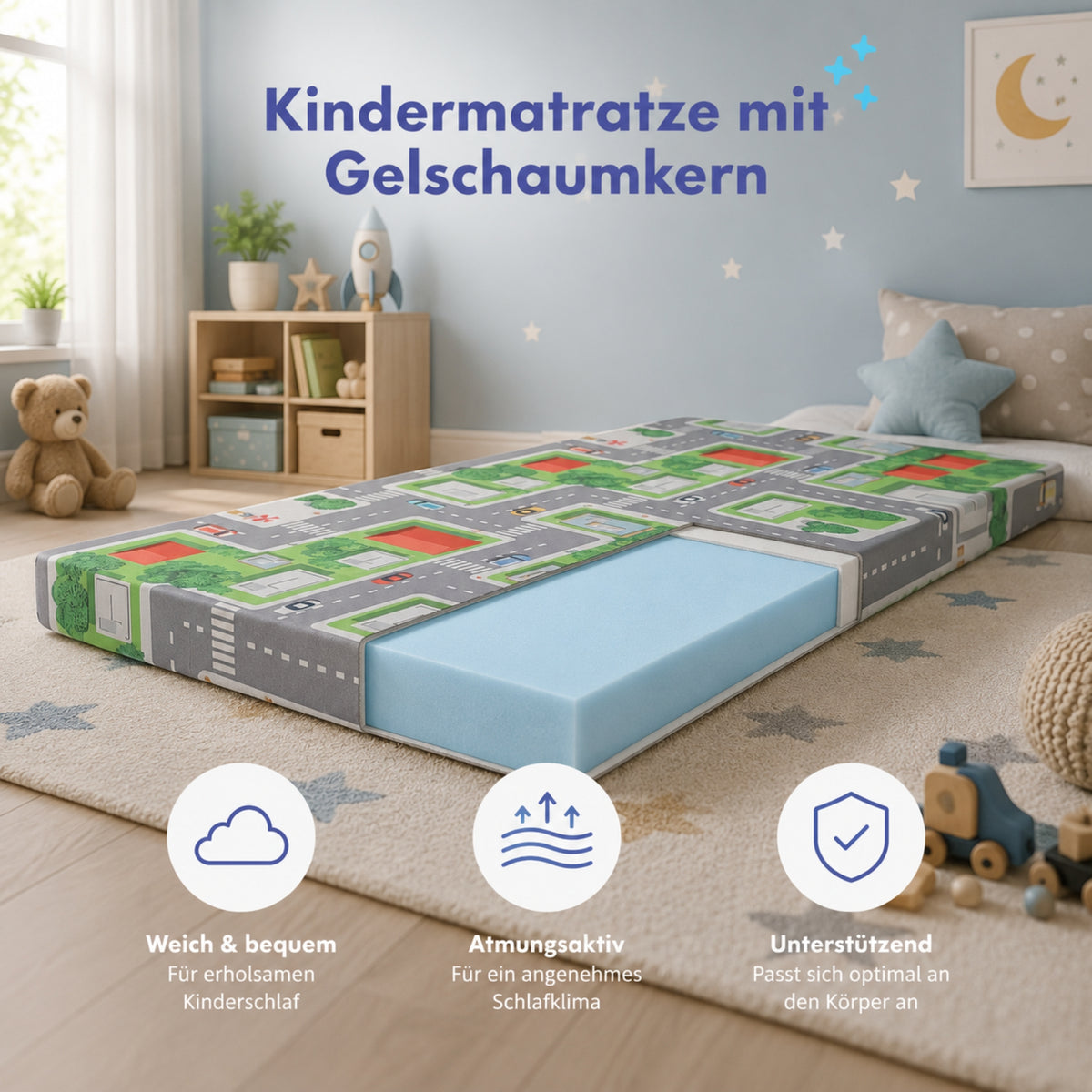 Arensberger Kinderreisebett Matratze 60x120 cm – faltbare Baby- & Kindermatratze mit Stadtmotiv, Nanocell Gelschaum, abnehmbarer Bezug & Tragetasche