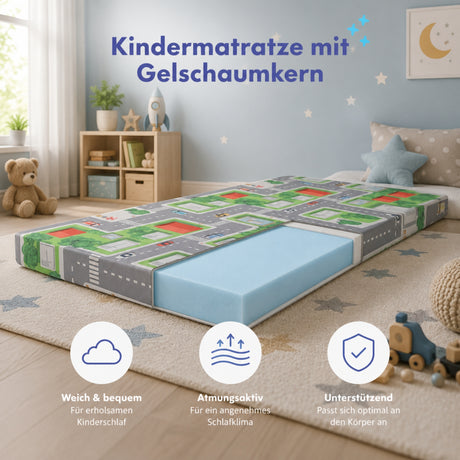 Arensberger Kinderreisebett Matratze 60x120 cm – faltbare Baby- & Kindermatratze mit Stadtmotiv, Nanocell Gelschaum, abnehmbarer Bezug & Tragetasche