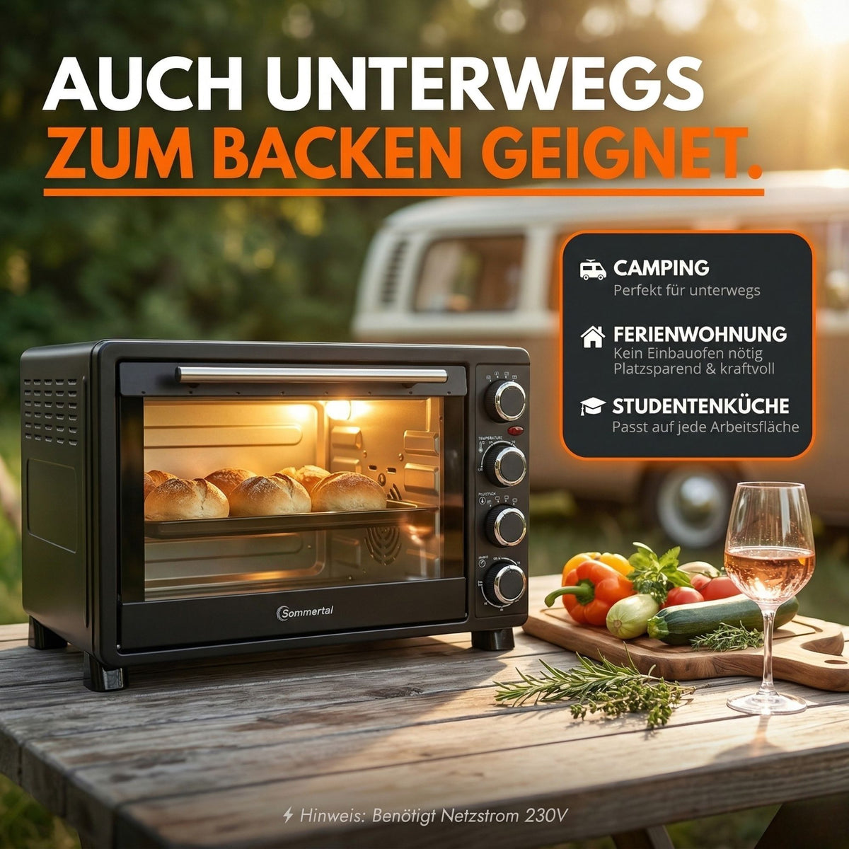 Minibackofen 30 Liter mit Drehspieß & Umluft, 1500W, 100–230°C, 60 Min. Timer, Hähnchengrill Mini Backofen, Kleiner Backofen zum Backen, Grillen & Pizza, Campingbackofen inkl. Zubehör