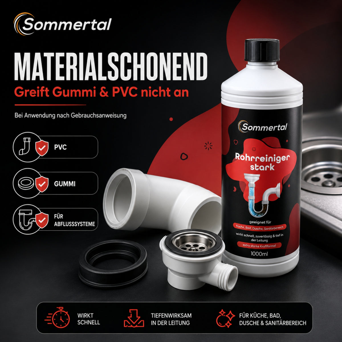 Sommertal Rohrreiniger stark 1000 ml, Abflussreiniger extra stark pH 14