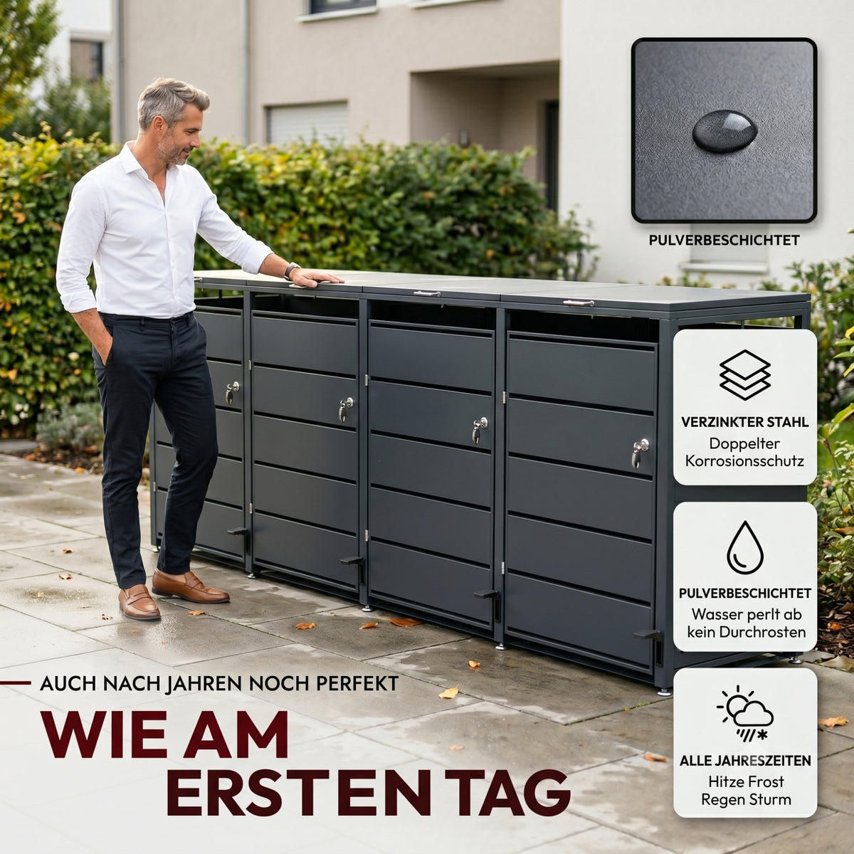 Mülltonnenbox 4er mit Pedal, 120L bis 240L, für Vier Tonnen, Metallverkleidung aus verzinktem Stahl, Anthrazit Grau RAL7016, abschließbar, wetterfest, ISO9227, mit Aufkleber Set