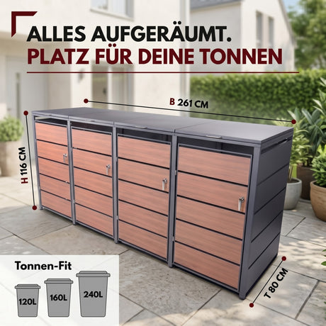 Mülltonnenbox 4er Holzdekor, 120L bis 240L, für Vier Tonnen, Mülltonnenverkleidung aus verzinktem Metall mit Holzdekor-Front, Anthrazit Grau RAL7016, abschließbar, wetterfest, geprüft nach ISO9227, mit Aufkleber Set