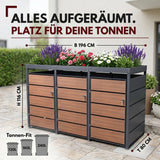 Mülltonnenbox 3er Holzdekor mit Pflanzkasten, 120L bis 240L, für Drei Tonnen, Metall, Anthrazit RAL7016, abschließbar, wetterfest, ISO9227, mit Aufkleber Set