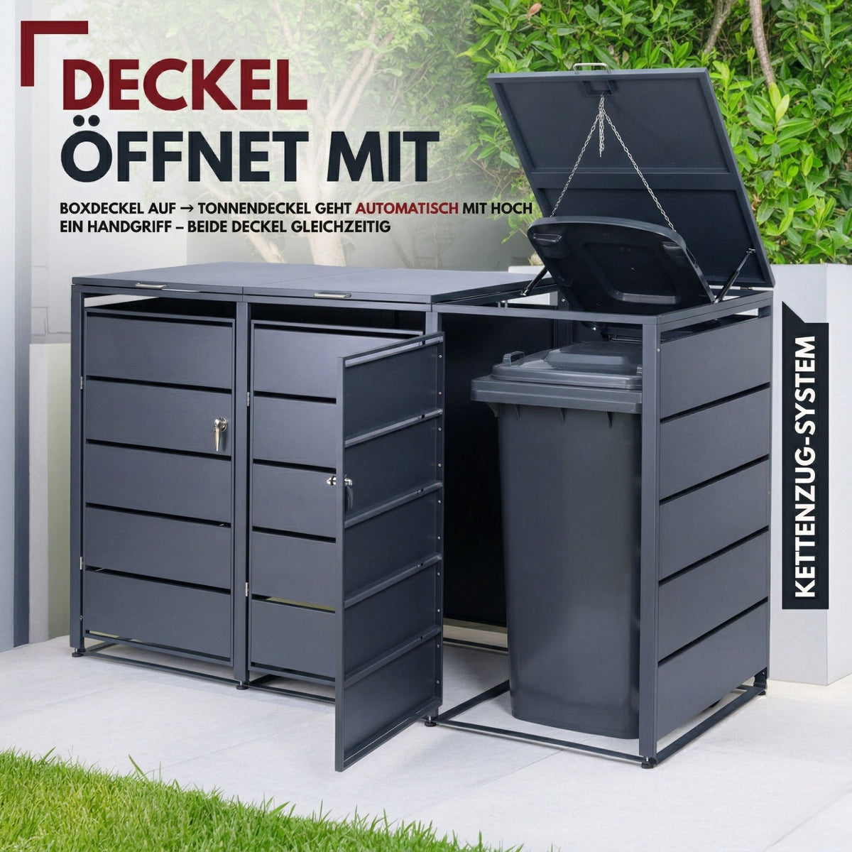 Mülltonnenbox 3er Tonne | bis 240 Liter | Anthrazitgrau RAL 7016 | verzinkter Stahl | Premium Dämpfer| Aufkleber-Set | wetterfest