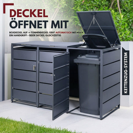 Mülltonnenbox 3er Tonne | bis 240 Liter | Anthrazitgrau RAL 7016 | verzinkter Stahl | Premium Dämpfer| Aufkleber-Set | wetterfest