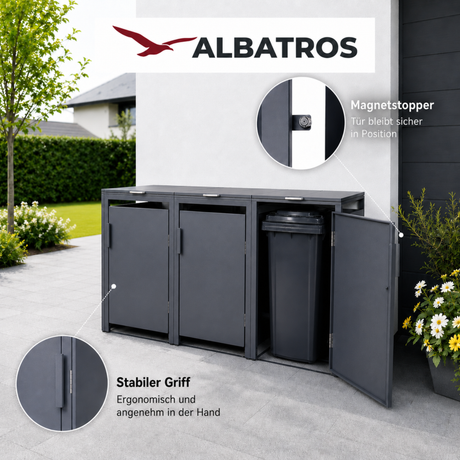 Mülltonnenbox 3er Hauswandversion, 120L bis 240L, für Drei Tonnen, verzinktes Metall RAL7016 Anthrazit, offene Rückseite, bessere Belüftung, wetterfest, ISO9227, verstellbare Füße
