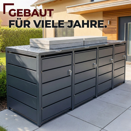 Mülltonnenbox 4er Tonne | bis 240 Liter | Anthrazitgrau RAL 7016 | verzinkter Stahl | Premium Dämpfer| Aufkleber-Set | wetterfest