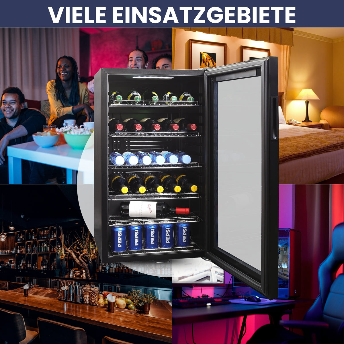 Kühlschrank GK 100– Leiser Getränkekühlschrank mit LED, Touchscreen & Schloss kleiner Flaschenkühlschrank schwarz 100L