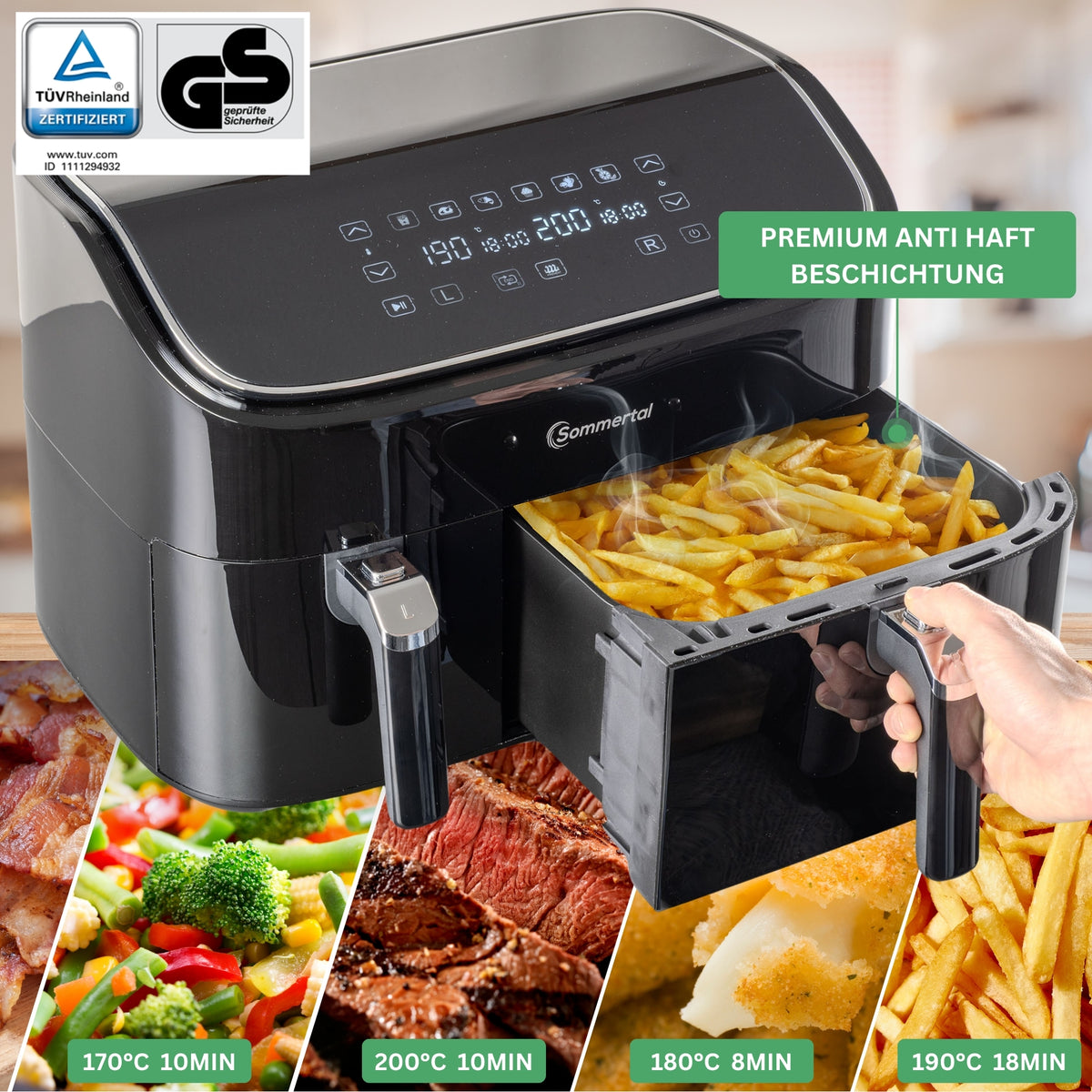 Sommertal Heißluftfritteuse HF DUAL 900 mit Doppelkammer | 9 Liter XXL Airfryer & Dörrgerät | 2850W