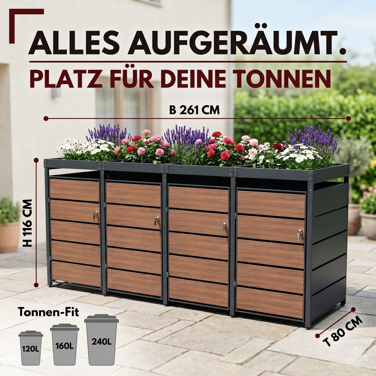 Mülltonnenbox 4er Holzdekor mit Pflanzkasten, 120L bis 240L, für Vier Tonnen, Metall, Anthrazit RAL7016, abschließbar, wetterfest, ISO9227, mit Aufkleber Set