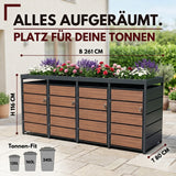 Mülltonnenbox 4er Holzdekor mit Pflanzkasten, 120L bis 240L, für Vier Tonnen, Metall, Anthrazit RAL7016, abschließbar, wetterfest, ISO9227, mit Aufkleber Set