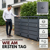 Mülltonnenbox 3er mit Pedal, 120L bis 240L, für Drei Tonnen, Metallverkleidung aus verzinktem Stahl, Anthrazit Grau RAL7016, abschließbar, wetterfest, ISO9227, mit Aufkleber Set